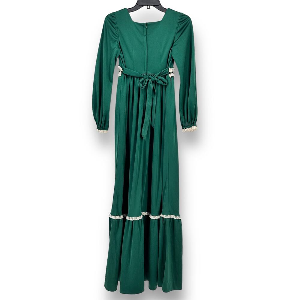 Vintage Handmade Polyester Prairie Dress Gown Womens Size Small Green White Lace - Picture 4 of 6